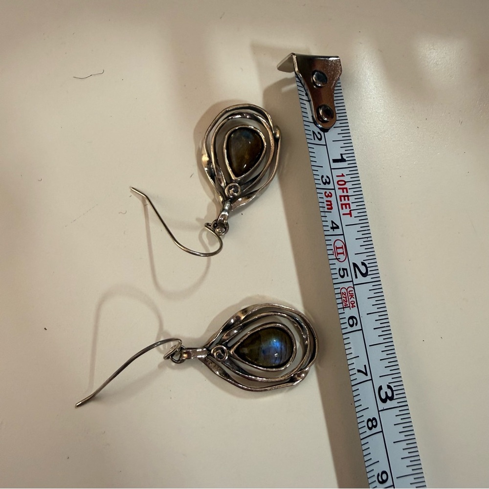 Vintage Sterling silver Israel labradorite brutalist modernist designer earrings - Picture 11 of 14